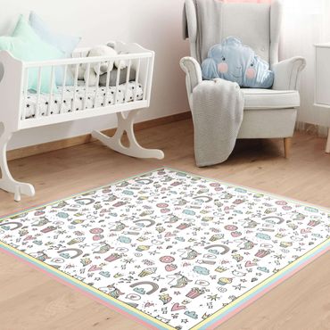 Vinyl Floor Mat - Unicorns And Sweets In Pastel With Frame - Square Format 1:1