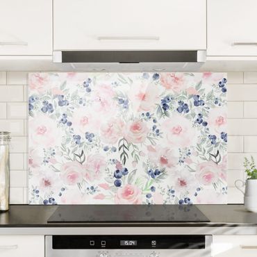 Splashback - Pink Roses With Blueberries In Front Of White