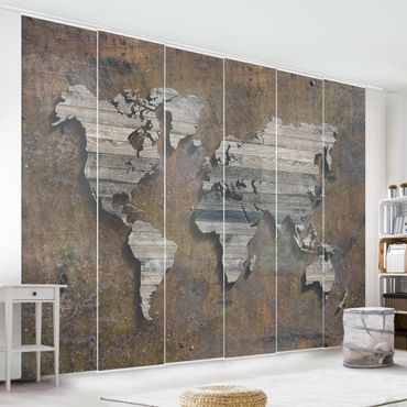 Sliding panel curtains set - Wooden Grid World Map