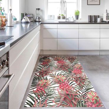 Vinyl Floor Mat - Red Pineapple With Palm Leaves Tropical - Portrait Format 1:2