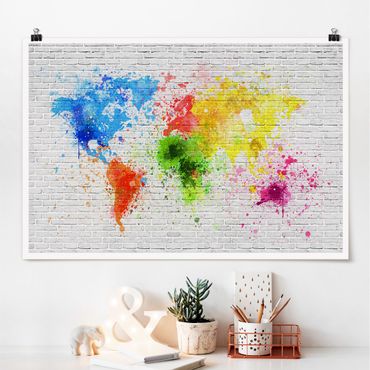 Poster - White Brick Wall World Map