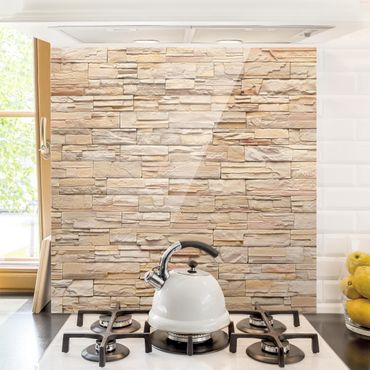 Glass Splashback - Asian Stonewall - Large Brigth Stone Wall Of Cosy Stones - Square 1:1