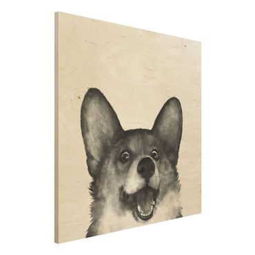 Print on wood - Illustration Dog Corgi Black And White Painting