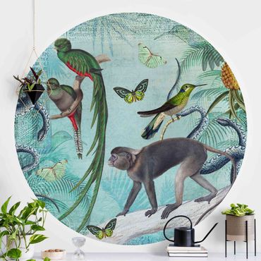 Self-adhesive round wallpaper - Colonial Style Collage - Monkeys And Birds Of Paradise