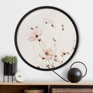 Circular framed print - Garden Cosmos In Soft Cream Tones