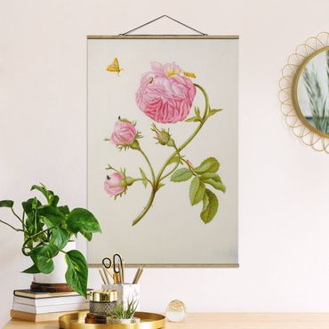 Fabric print with poster hangers - Anna Maria Sibylla Merian - Wild Rose With Gracillariidae