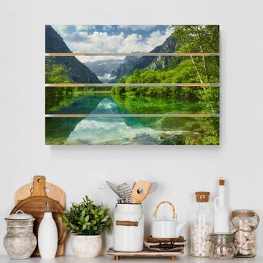 Print on wood - Mountain Lake With Water Reflection