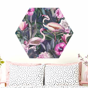 Hexagon Picture Forex - Colorful Collage - Pink Flamingos In The Jungle