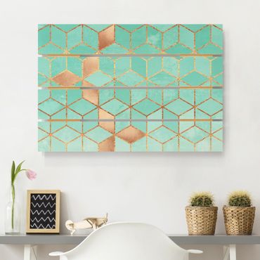 Print on wood - Turquoise White Golden Geometry