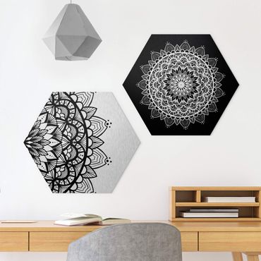 Alu-Dibond hexagon - Mandala Illustration Shabby Set Black White