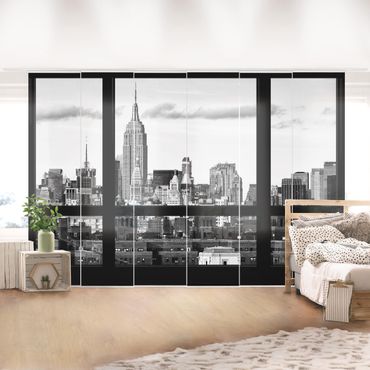 Sliding panel curtains set - Windows Overlooking New York Skyline Black And White
