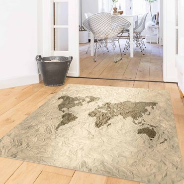 Vinyl Floor Mat - Paper World Map Beige Brown - Square Format 1:1