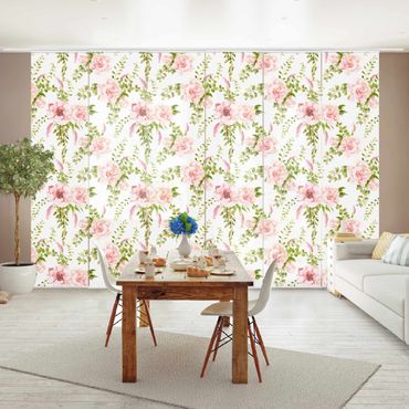 Sliding panel curtain - Green Leaves With Pink Flowers In Watercolour