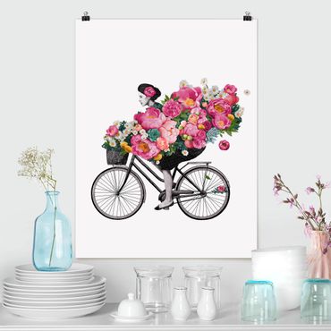 Poster - Illustration Woman On Bicycle Collage Colourful Flowers