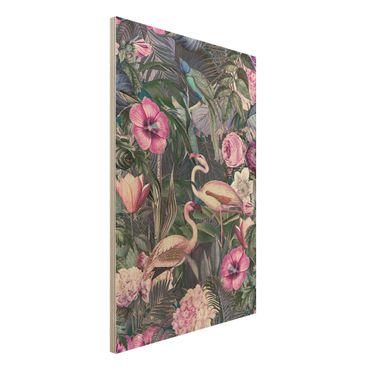 Print on wood - Colourful Collage - Pink Flamingos In The Jungle