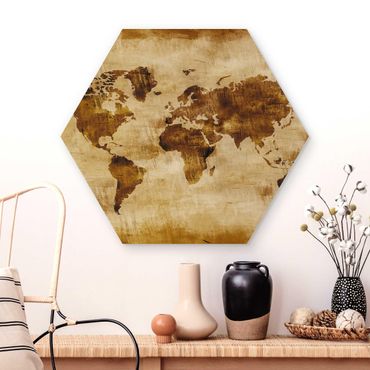 Wooden hexagon - No.CG75 Map Of The World