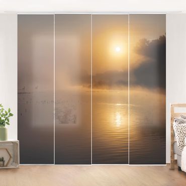 Sliding panel curtains set - Sunrise on the lake with deers in the fog