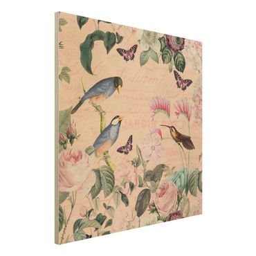 Print on wood - Vintage Collage - Roses And Birds