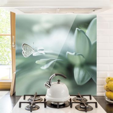 Glass Splashback - Butterfly And Dew Drops In Pastel Green - Square 1:1