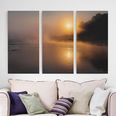 Print on canvas 3 parts - Sunrise on the lake with deers in the fog