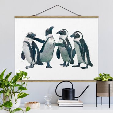 Fabric print with poster hangers - Illustration Penguins Black And White Watercolour