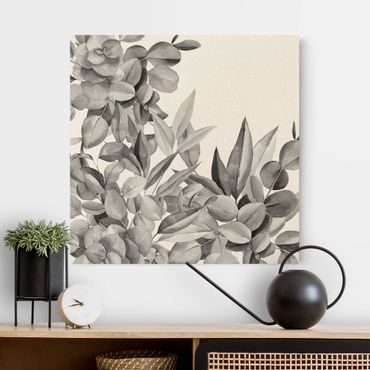 Natural canvas print - Thicket Eucalytus Leaves Watercolour Black - Square 1:1
