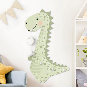 Wooden height chart for kids with hooks - Dino Boy Pastel Green