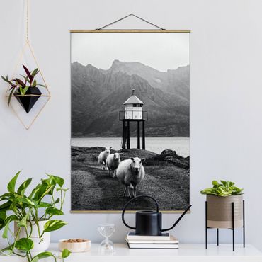 Fabric print with poster hangers - Three Sheep On the Lofoten - Portrait format 2:3