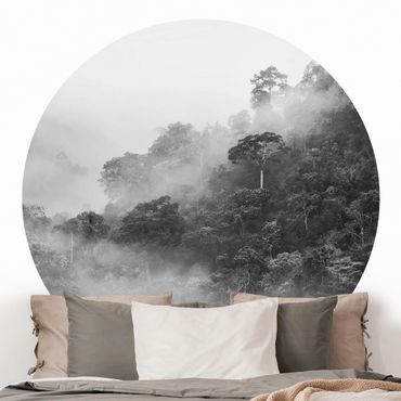 Self-adhesive round wallpaper forest - Jungle In The Fog Black And White