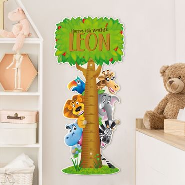 Wooden height chart for kids with hooks - No.BF1 Jungle Animals with custom name