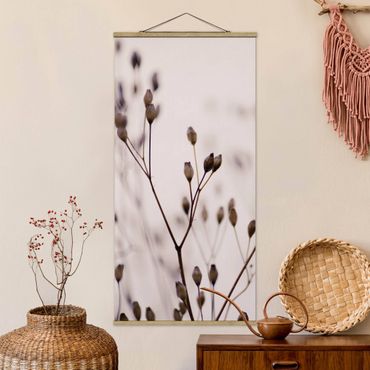 Fabric print with poster hangers - Dark Buds On Wild Flower Twig - Portrait format 1:2