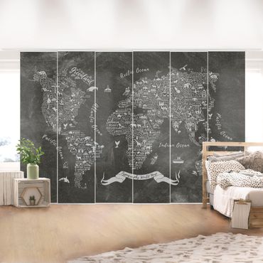 Sliding panel curtains set - Chalk Typography World Map