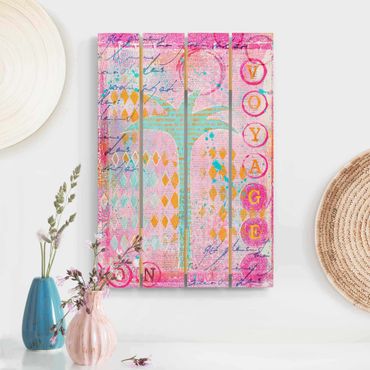 Print on wood - Colourful Collage - Bon Voyage With Palm Tree
