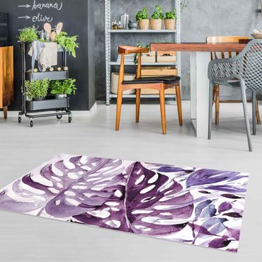 Vinyl Floor Mat - Watercolour Tropical Leaves With Monstera In Aubergine - Portrait Format 1:2