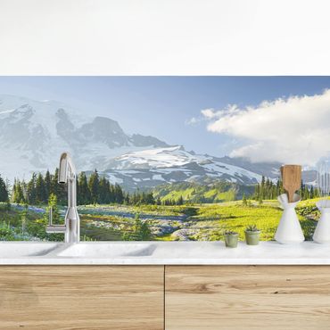 Kitchen wall cladding - Mountain Meadow With Flowers In Front Of Mt. Rainier