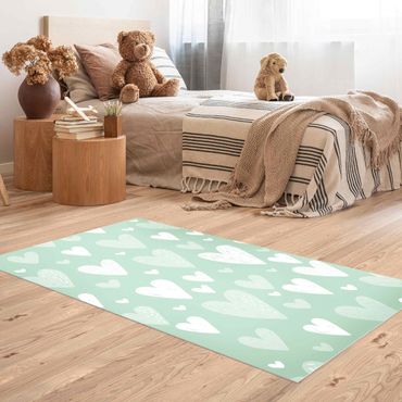 Vinyl Floor Mat - Small And Big Drawn White Hearts On Green - Portrait Format 1:2