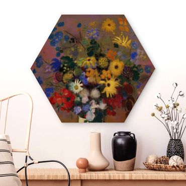 Wooden hexagon - Odilon Redon - White Vase with Flowers