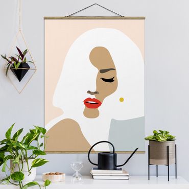 Fabric print with poster hangers - Line Art Portrait Woman Pastel Beige