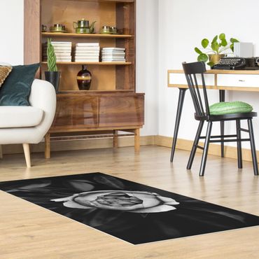 Vinyl Floor Mat - Peonies In Front Of Leaves Black And White - Landscape Format 2:1
