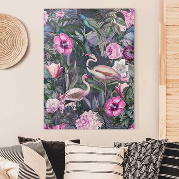 Print on canvas - Colourful Collage - Pink Flamingos In The Jungle