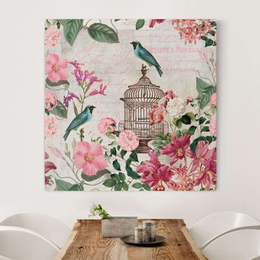 Print on canvas - Shabby Chic Collage - Pink Flowers And Blue Birds