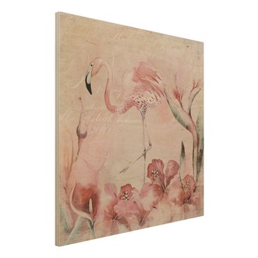 Print on wood - Shabby Chic Collage - Flamingo