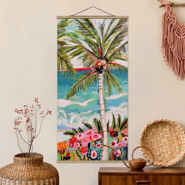 Fabric print with poster hangers - Palm Tree With Pink Flowers II