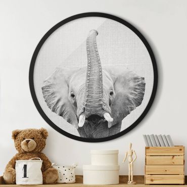 Circular framed print - Elephant Ewald Black And White