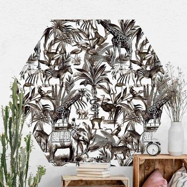 Self-adhesive hexagonal pattern wallpaper - Elephants Giraffes Zebras And Tiger Black And White With Brown Tone