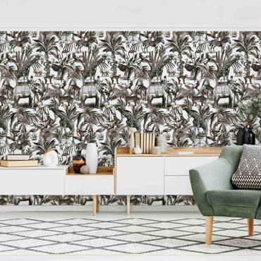 Walpaper - Elephants Giraffes Zebras And Tiger Black And White With Brown Tone