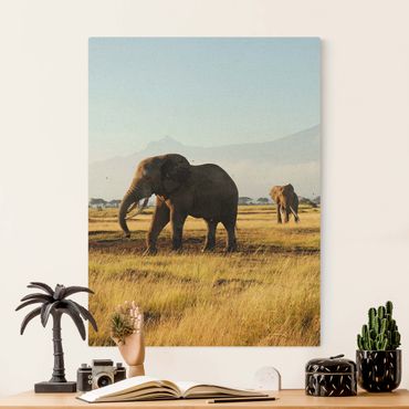 Natural canvas print - Elephants In Front Of Kilimanjaro In Kenya - Portrait format 3:4