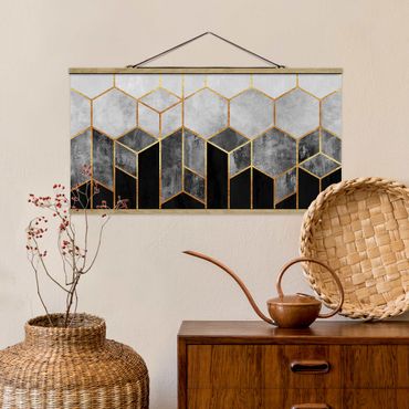 Fabric print with poster hangers - Golden Hexagons Black And White