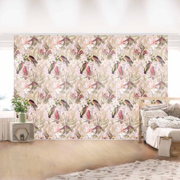 Sliding panel curtain - Pink Pastel Birds With Flowers