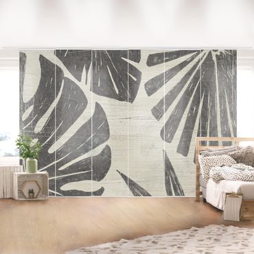 Sliding panel curtains set - Palm Leaves Light Grey Backdrop